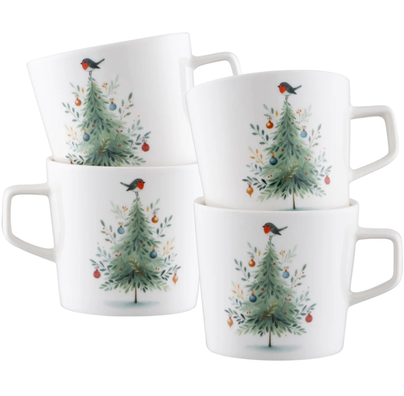 Aynsley Little Robin Christmas Tree Mugs x4