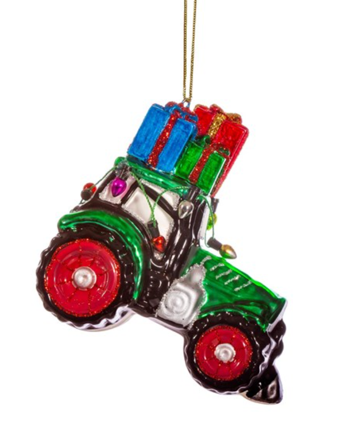 Sass & Belle Green Tractor with Gifts Shaped Bauble