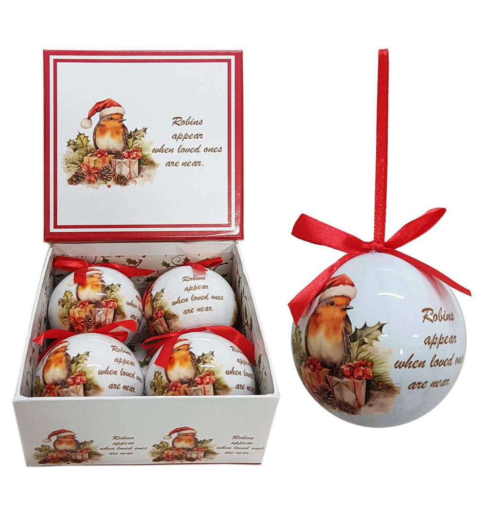 70819 Set of 4 Baubles with Single Robin Message Scene