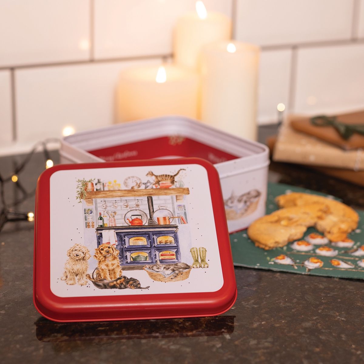 Wrendale 'Country Kitchen' Dog and Cat Christmas Square Tin