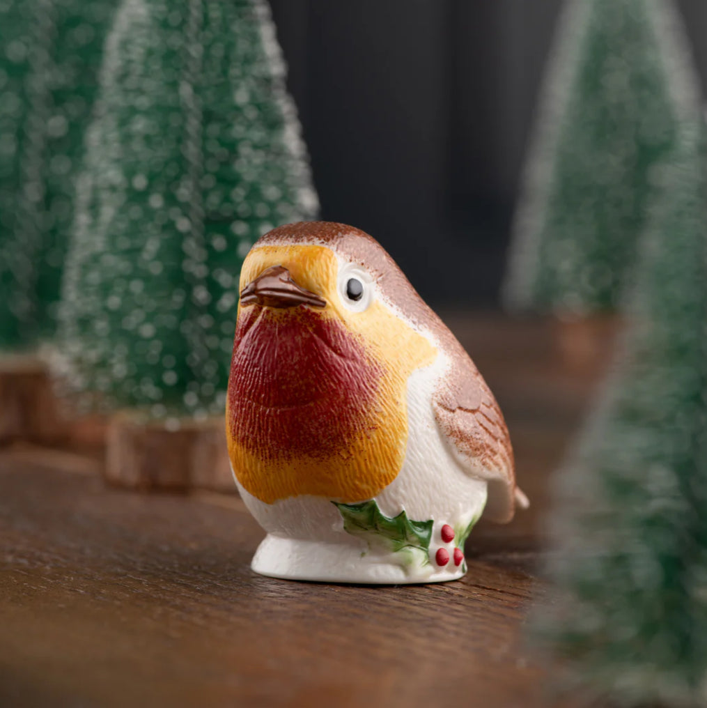 Belleek Robin with Holly Standing Ornament
